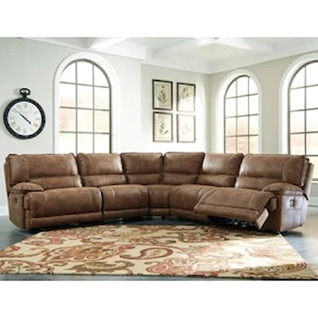 5-Piece Power Reclining Sectional in Brown Faux Leather
