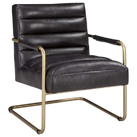 Gold Finish Metal Arm Accent Chair with Black Faux Leather Upholstery