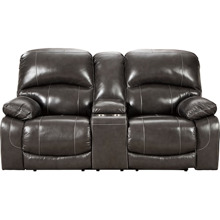 Leather Match Power Reclining Loveseat with Console & Adjustable Headrests