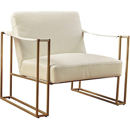 Gold Finish Metal Accent Chair in Cream Embossed Leather