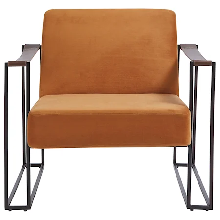 Contemporary Metal Accent Chair with Amber Velvet Fabric and Leather Strap Armrests