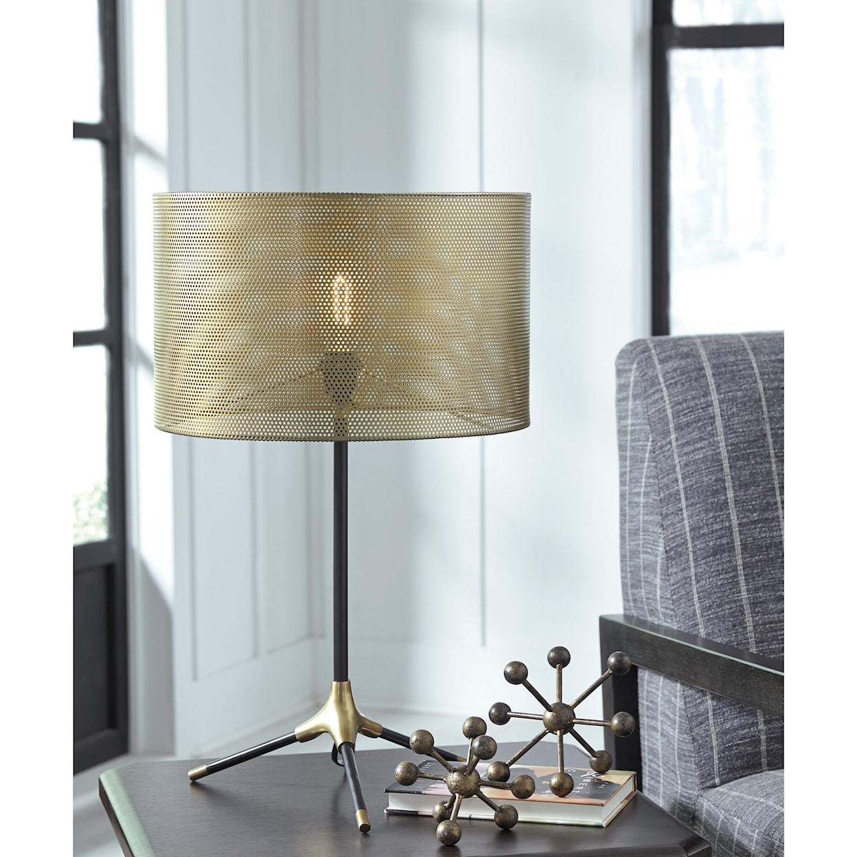 Ashley Furniture Signature Design Lamps - Contemporary Mance Gray/Brass Finish Metal Table Lamp