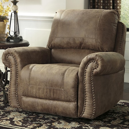 Traditional Rocker Recliner with Rolled Armrests & Nail-Head Trim
