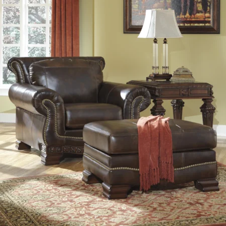 Traditional Brown Chair & Ottoman with Nailhead Trim