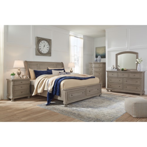 Queen Sleigh Storage Bed, Dresser, Mirror, Chest and Nightstand