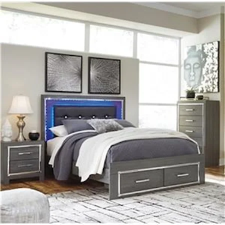 3 Piece Queen Upholstered Bed with 2 Drawer Storage, 2 Drawer Nightstand and 5 Drawer Chest Set
