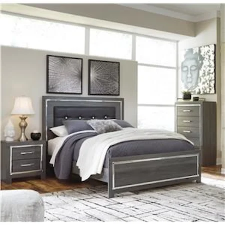 3 Piece Queen Upholstered Bed, 2 Drawer Nightstand and 5 Drawer Chest Set