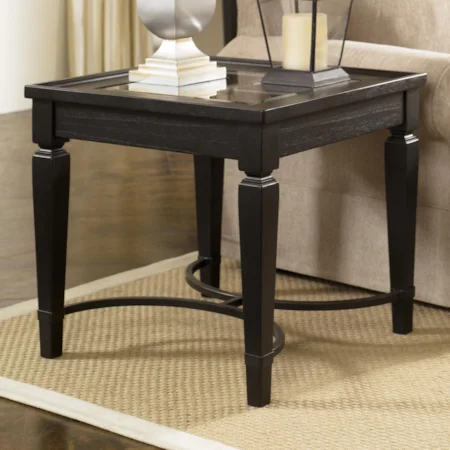 End Table w/ Inset Glass Top & Metal Stretcher