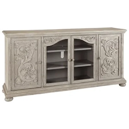 Extra Large TV Stand in Gray Finish with Carved Doors