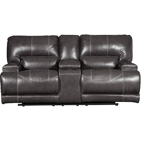 Contemporary Leather Match Double Reclining Power Loveseat w/ Console