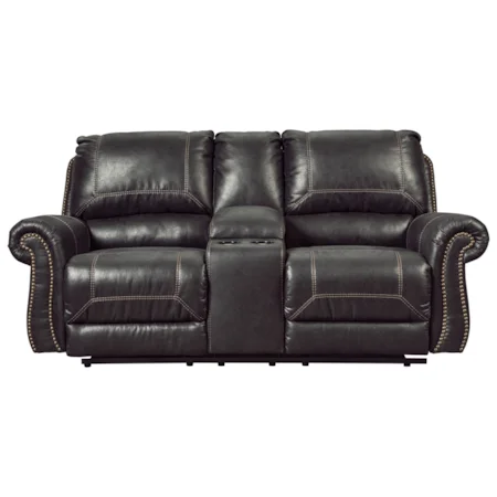 Double Reclining Loveseat w/ Console with Rolled Arms & Nailhead Trim