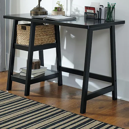 Home Office Small Desk with Woven Basket