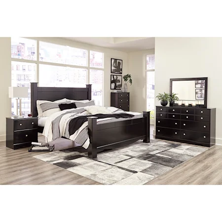 King Poster Bed with Mirrored Dresser, Chest and Nightstand