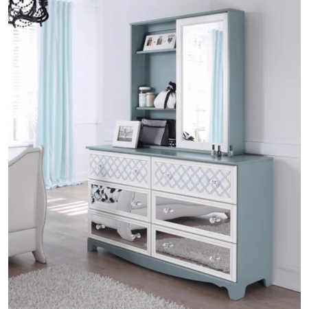 Dresser wth Customizable Drawer Fronts & Mirror with Sliding Panel