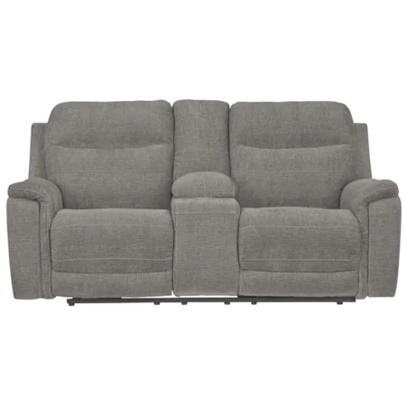 Contemporary Power Reclining Loveseat with Console & Adjustable Headrests