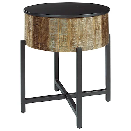 Rustic Round End Table with Metal Base and Lid Top