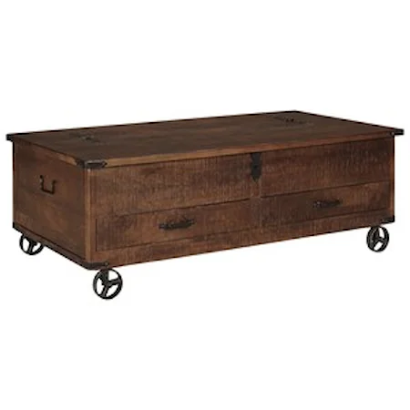 Rustic Storage Cocktail Table with Hinged Top and Industrial Wheels