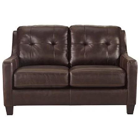 Contemporary Leather Match Loveseat with Tufted Back & Track Arms