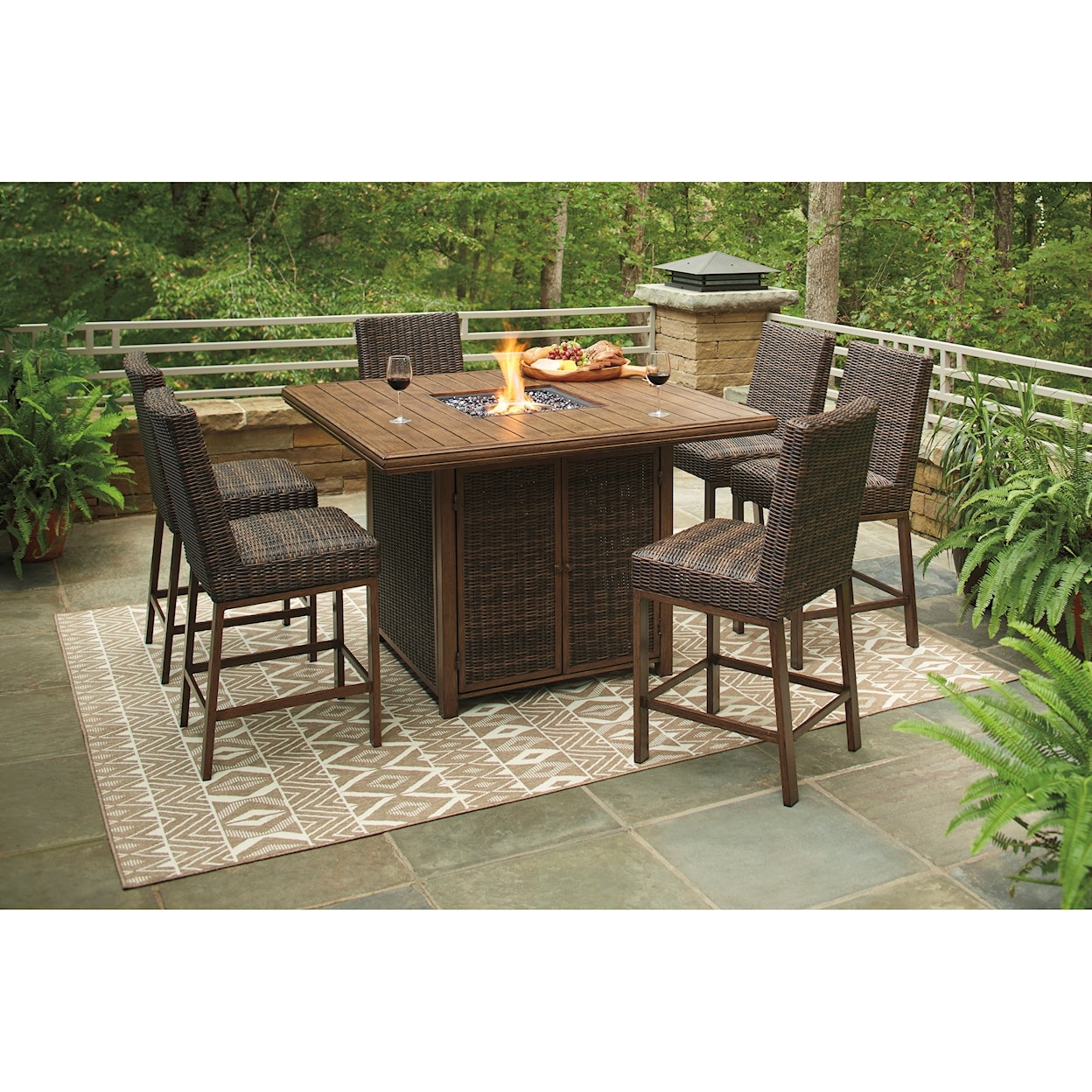 Ashley Signature Design Paradise Trail 7 Piece Outdoor Firepit Table Set