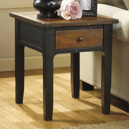 Two-Tone Pine Rectangular End Table with 1 Drawer