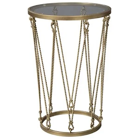 Gold Finish Accent Table with Round Glass Top and Twisted Rope Accents