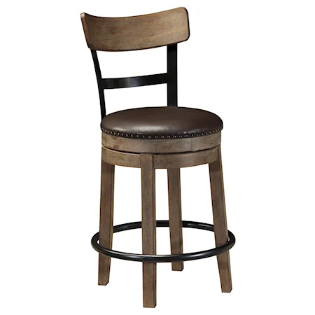 Upholstered Swivel Barstool with Wood & Metal Backrest