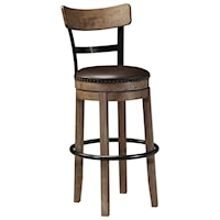Tall Upholstered Swivel Barstool with Wood & Metal Backrest