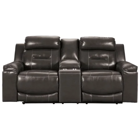 Contemporary Leather Match Power Reclining Loveseat w/ Console & Adj Headrests