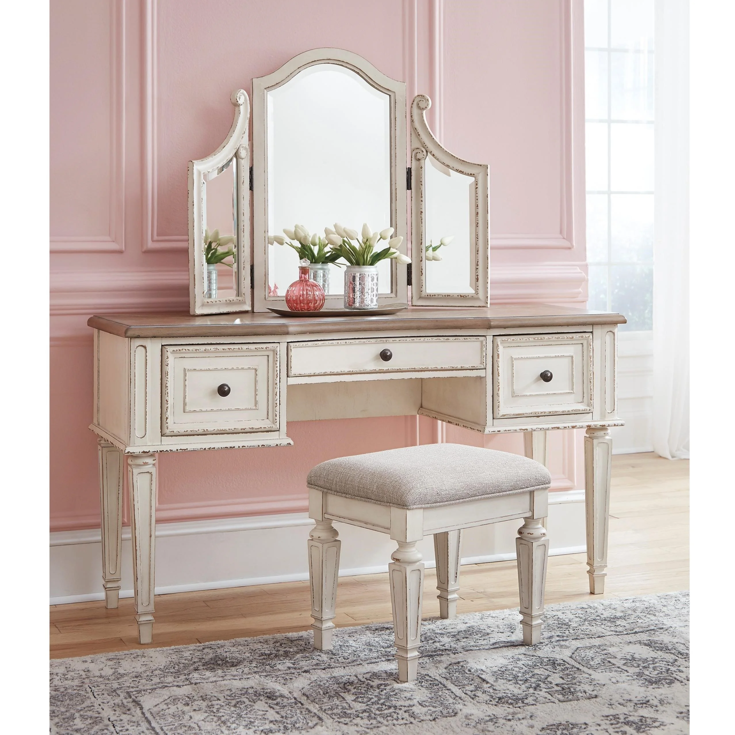Signature Design by Ashley Realyn B743-22 Vanity/Mirror/Stool Set, Royal  Furniture