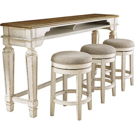 Two-Tone Long Counter Table/Sofa Table w/ 3 Upholstered Swivel Stools