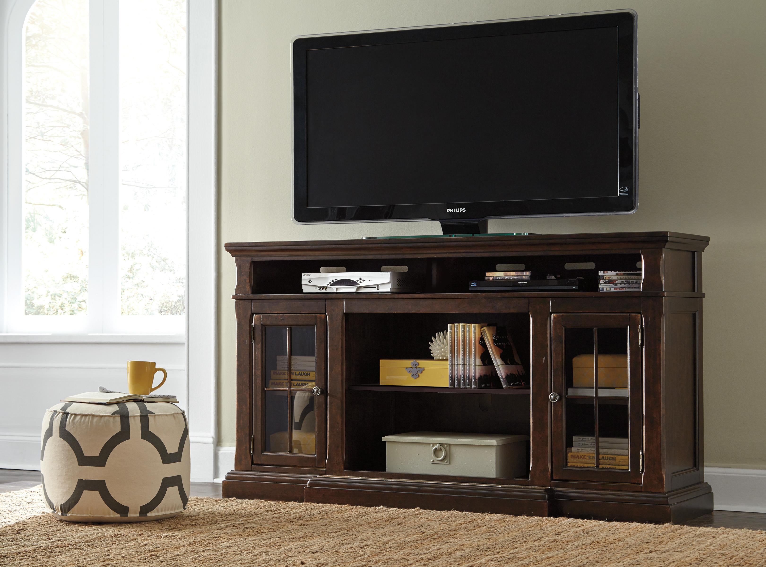 Ashley (Signature Design) Roddinton Extra Large TV Stand with Breakfront u0026  2 Glass Doors | Johnny Janosik | TV Stands
