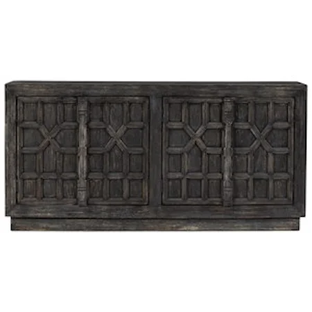 Accent Cabinet with Distressed Black Finish and Geometric Pattern