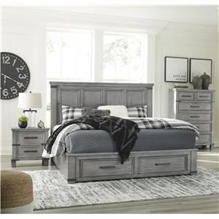 3 Piece Queen Panel Bed with Footboard Storage, 2 Drawer Nightstand and 5 Drawer Chest Set