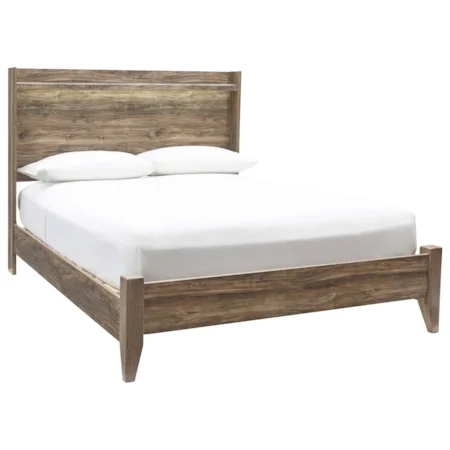 Rustic Modern Queen Panel Bed with Shelf and LED Lighting