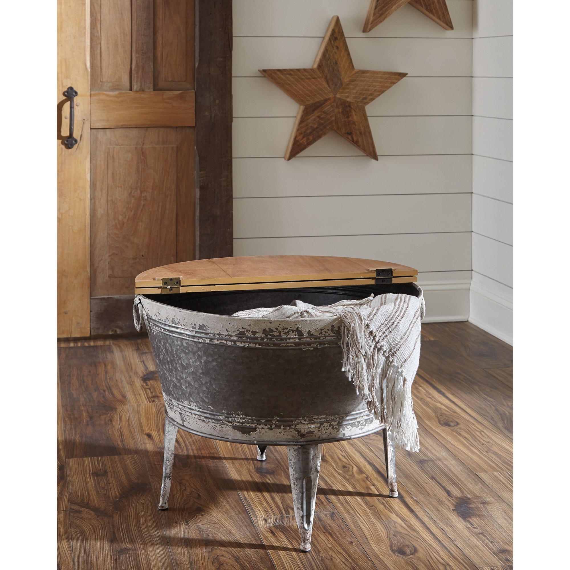 Ashley Shellmond Rustic Metal Accent Coffee Table – Lift-Top Storage, Distressed Gray Finish, 26" Round