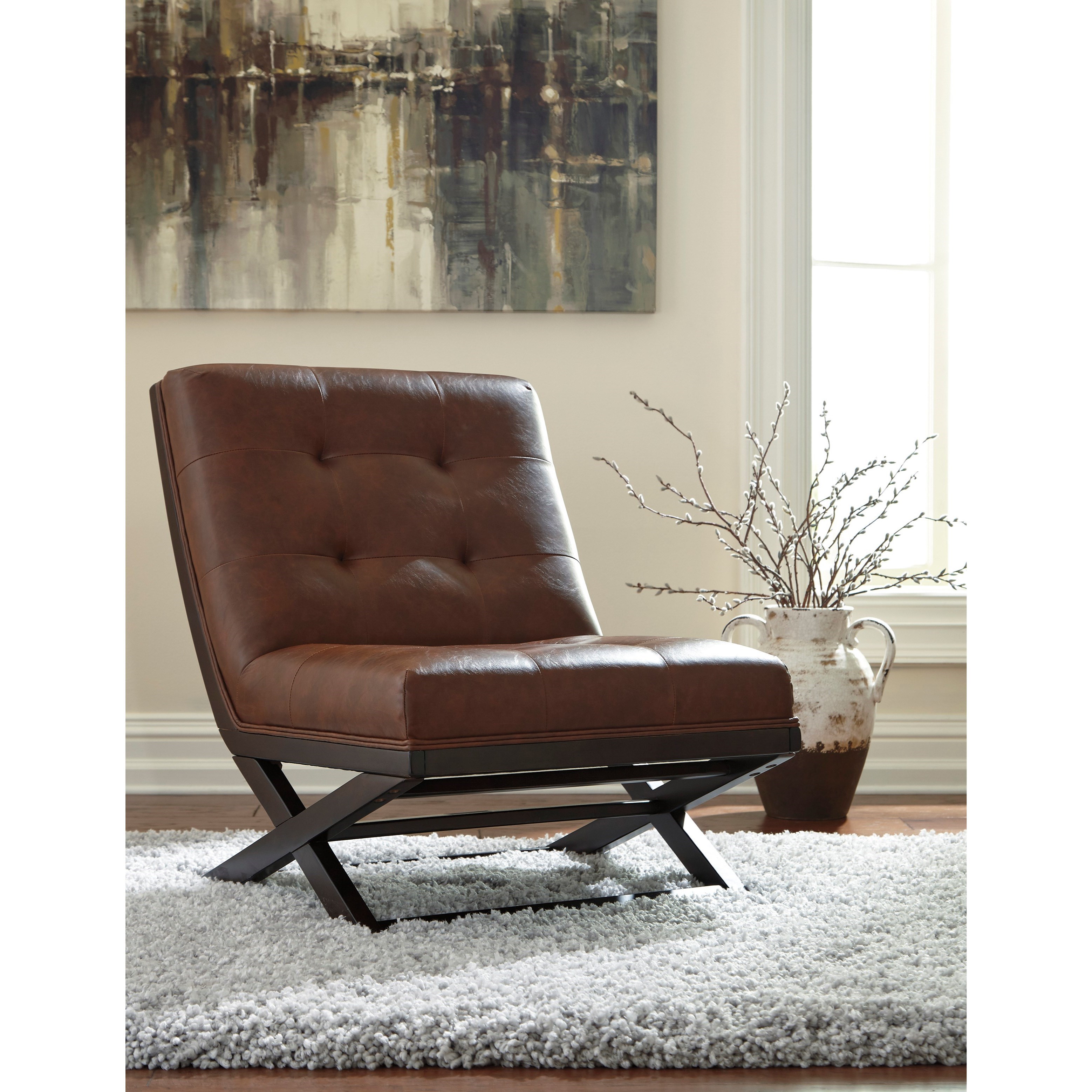 Signature Sidewinder Wood X Base Armless Accent Chair with Brown