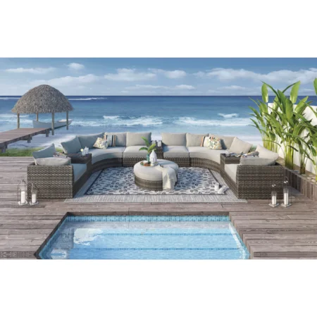 Large Outdoor Sectional Sofa Group with Cocktail Ottoman