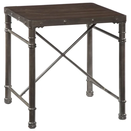 Industrial Style Square End Table with Industrial Metal Legs and Oak Veneer Top