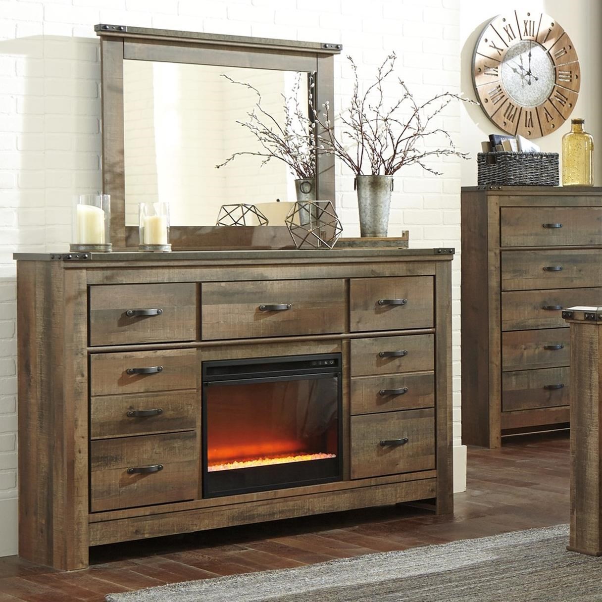 Signature Design by Ashley Trinell 599544686 Rustic Dresser with Fireplace  Insert u0026 Mirror | Sam Levitz Furniture | Dresser + Mirror Combo