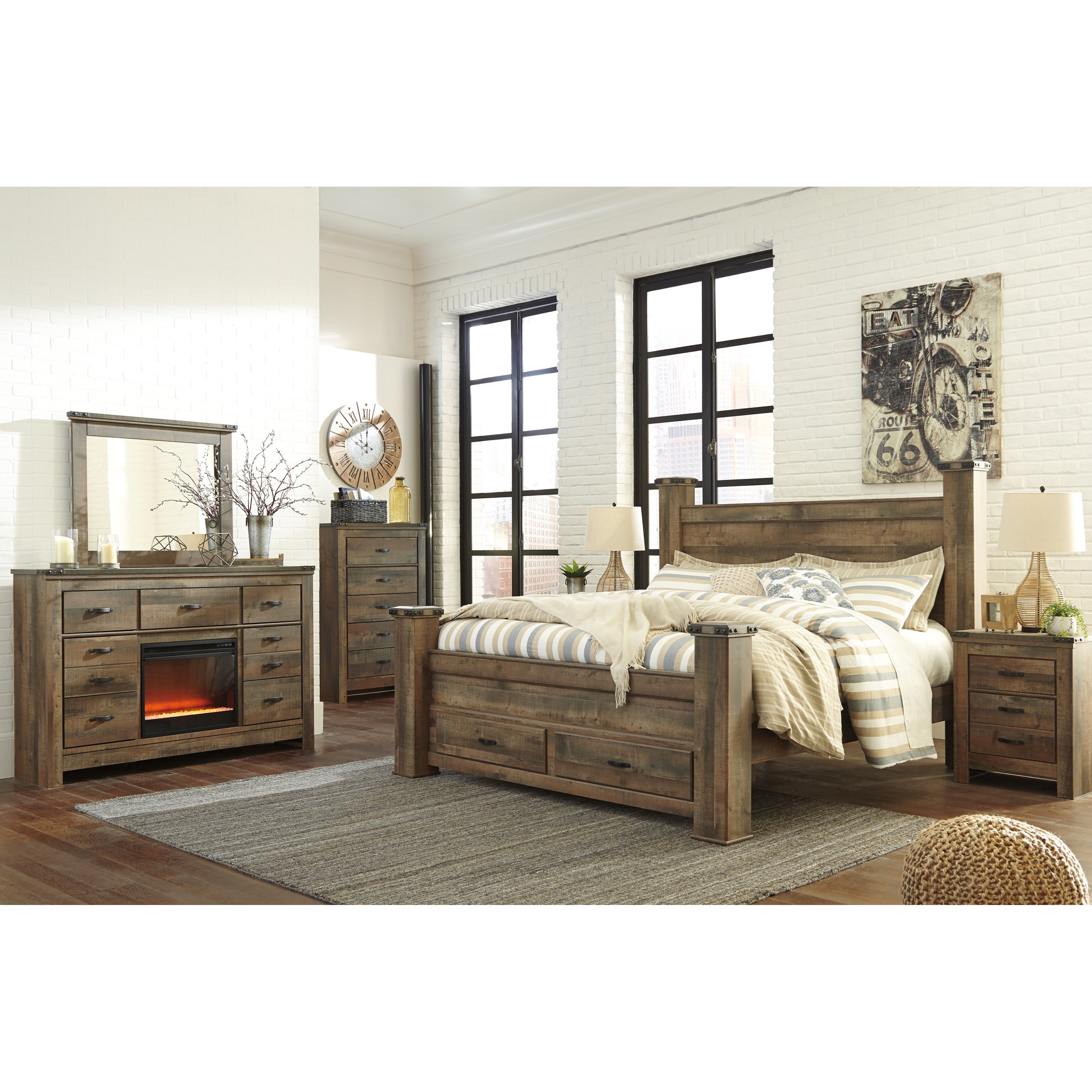 Signature Design by Ashley Trinell 599544686 Rustic Dresser with Fireplace  Insert u0026 Mirror | Sam Levitz Furniture | Dresser + Mirror Combo