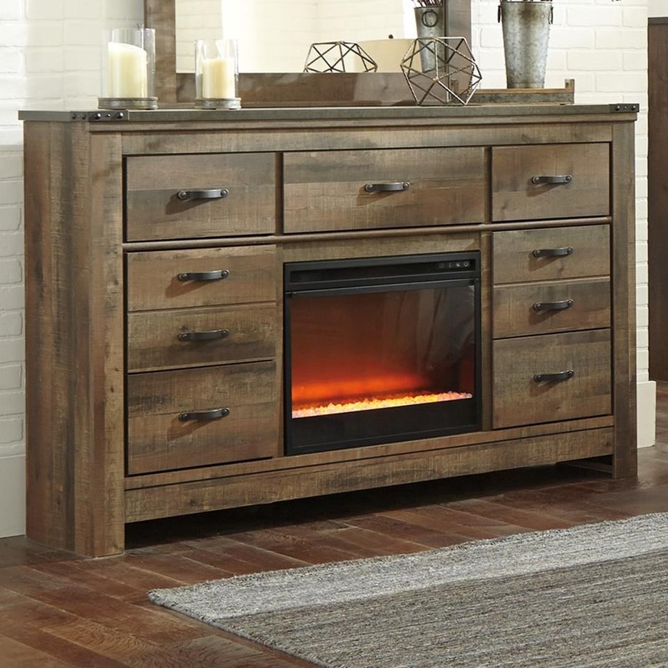 Signature Design by Ashley Trinell Rustic Dresser with Fireplace Insert u0026  Top Banding | A1 Furniture u0026 Mattress | Dressers