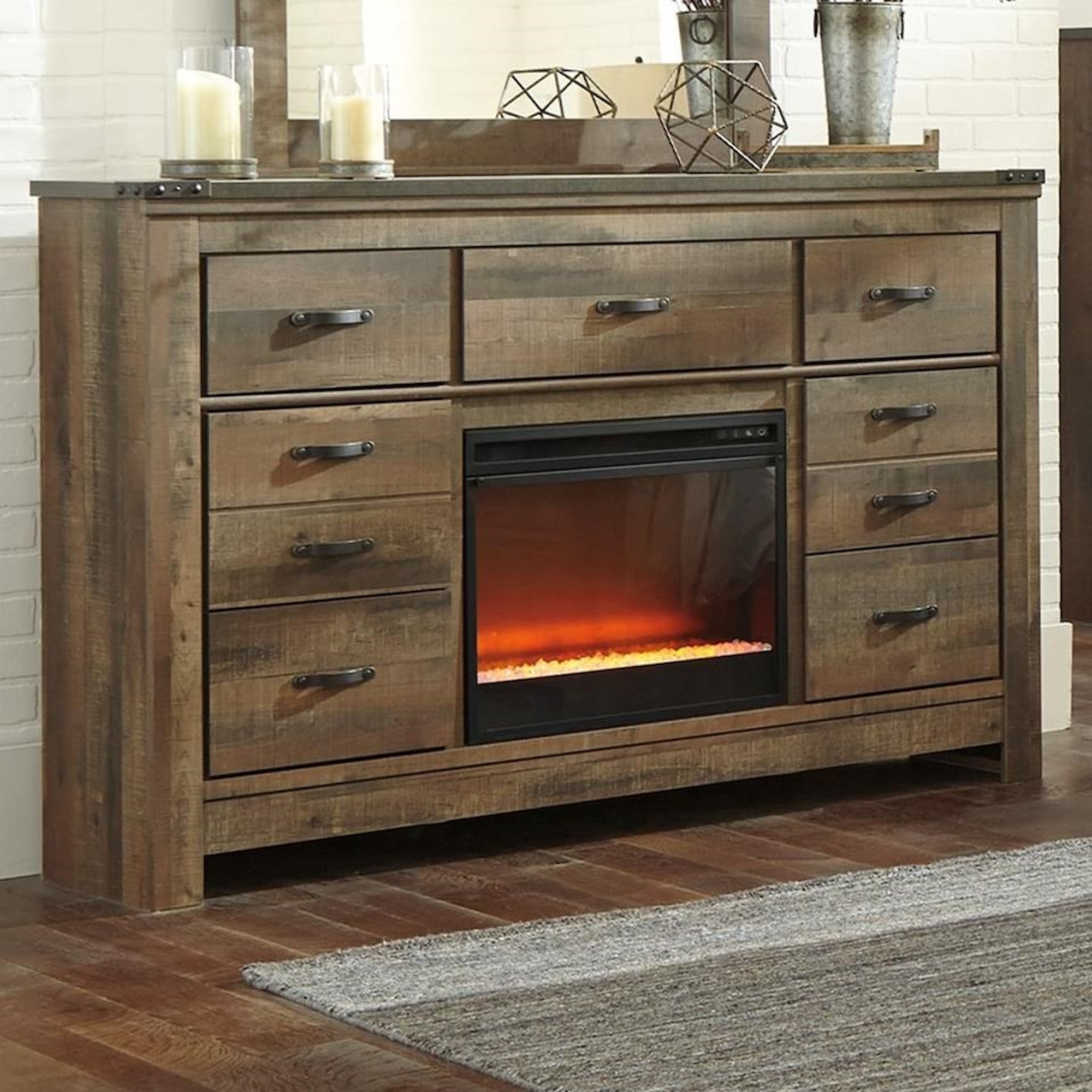 Ashley Signature Design Trinell B446-32+W100-02 Rustic Dresser with  Fireplace Insert u0026 Top Banding | Dunk u0026 Bright Furniture | Dressers