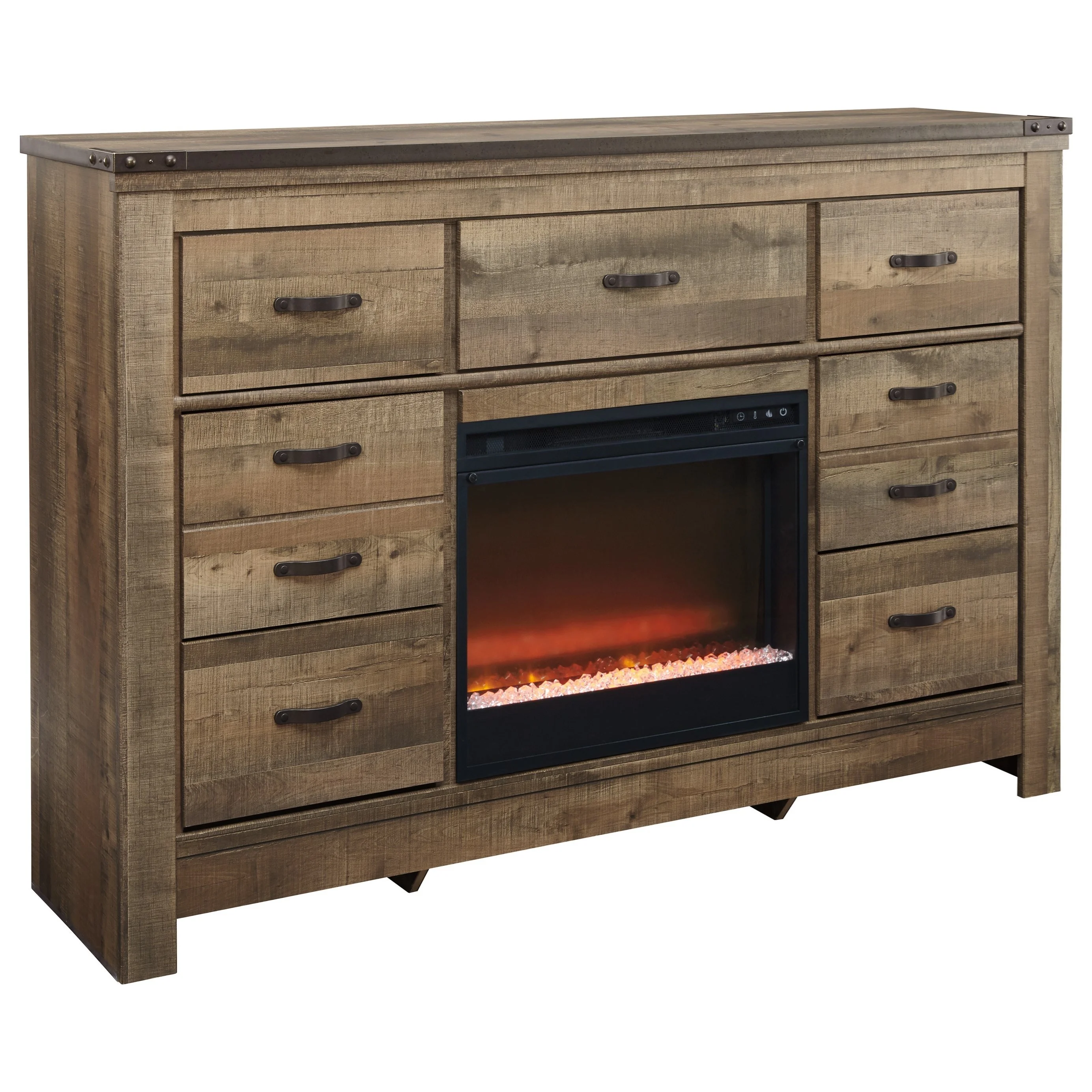 Ashley Signature Design Trinell B446-32+W100-02 Rustic Dresser with Fireplace  Insert u0026 Top Banding | Dunk u0026 Bright Furniture | Dressers