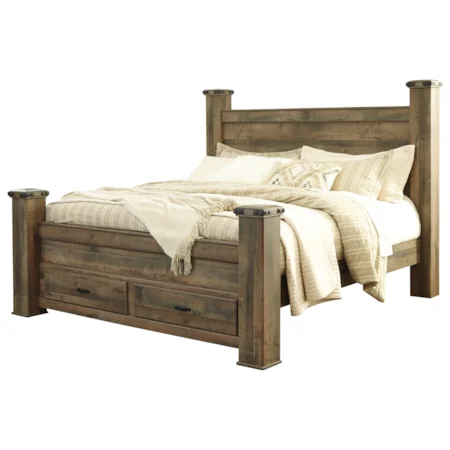 Rustic Look King Storage Bed with 2 Footboard Drawers