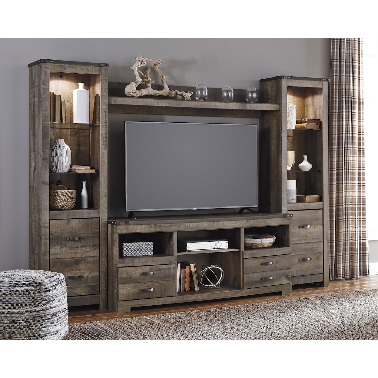 Signature Design by Ashley Trinell Large TV Stand & 2 Tall Piers w/ Bridge