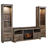 Rustic Large TV Stand w/ Fireplace Insert & 2 Tall Piers