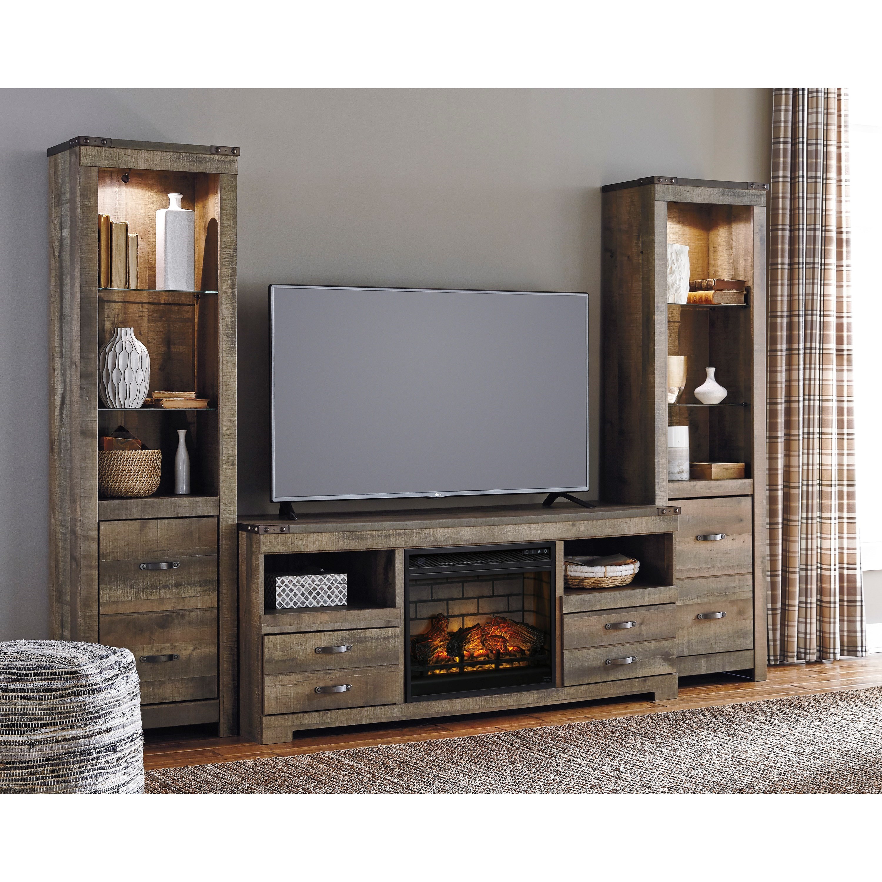 Large TV Stand w/ Fireplace &amp; 2 Tall Piers