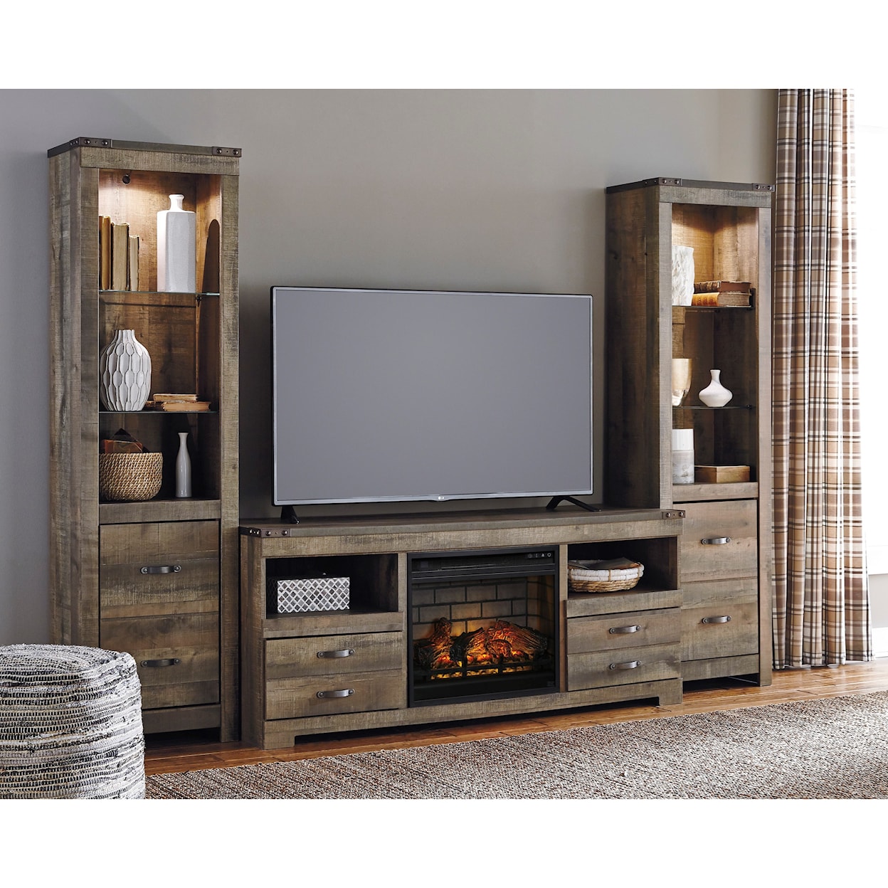 Signature Design by Ashley Trinell Large TV Stand w/ Fireplace & 2 Tall Piers