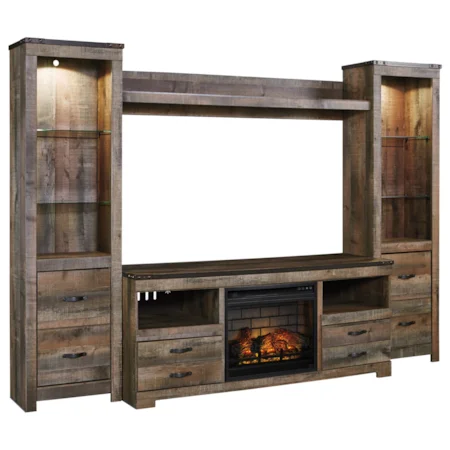 Rustic Large TV Stand w/ Fireplace Insert, 2 Tall Piers, & Bridge