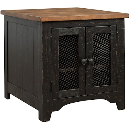 Two-Tone Finish Rectangular End Table with Wire Mesh Doors